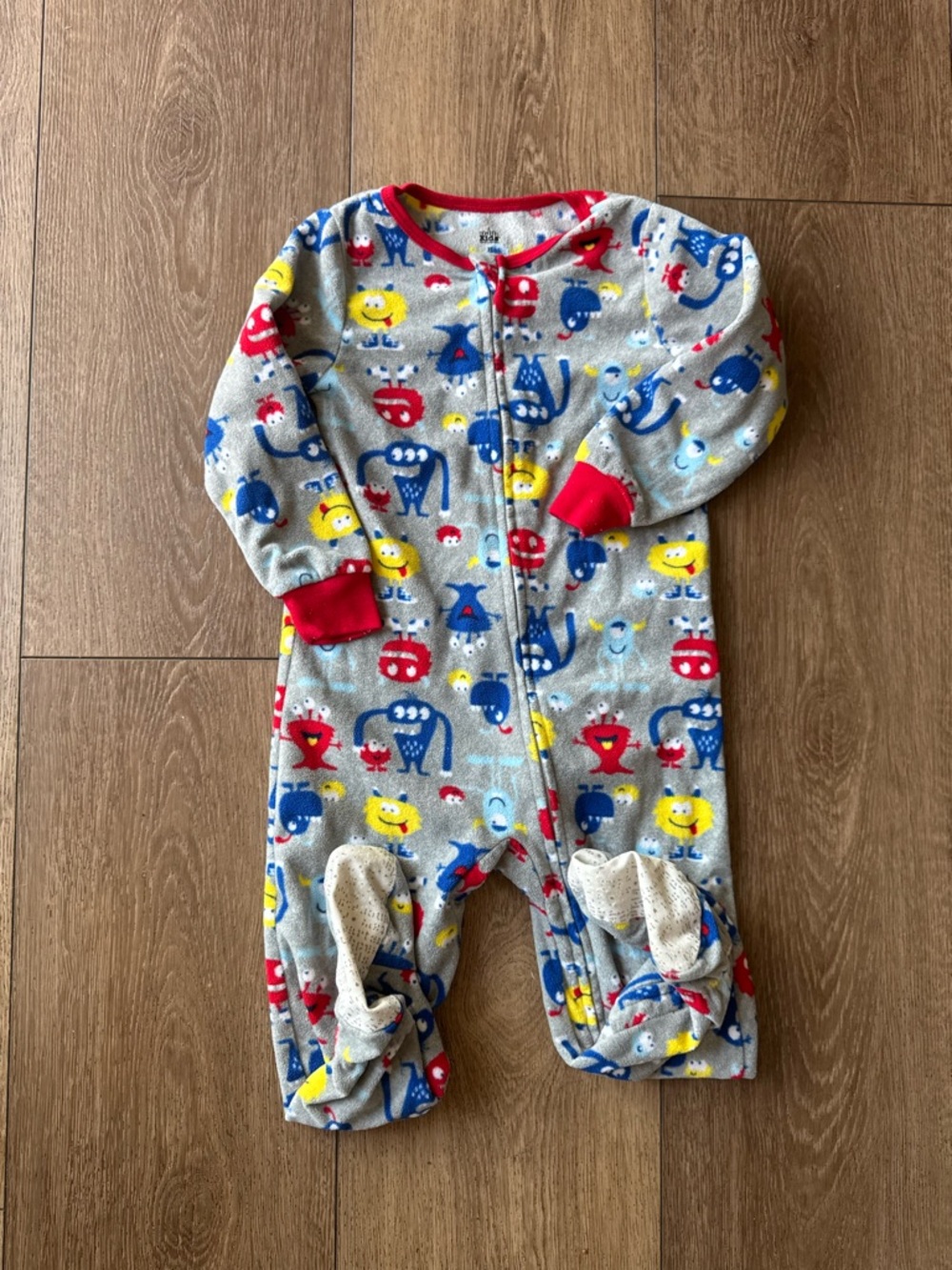 Kids Gray Monster Print One-Piece Pajamas with Red Trim
